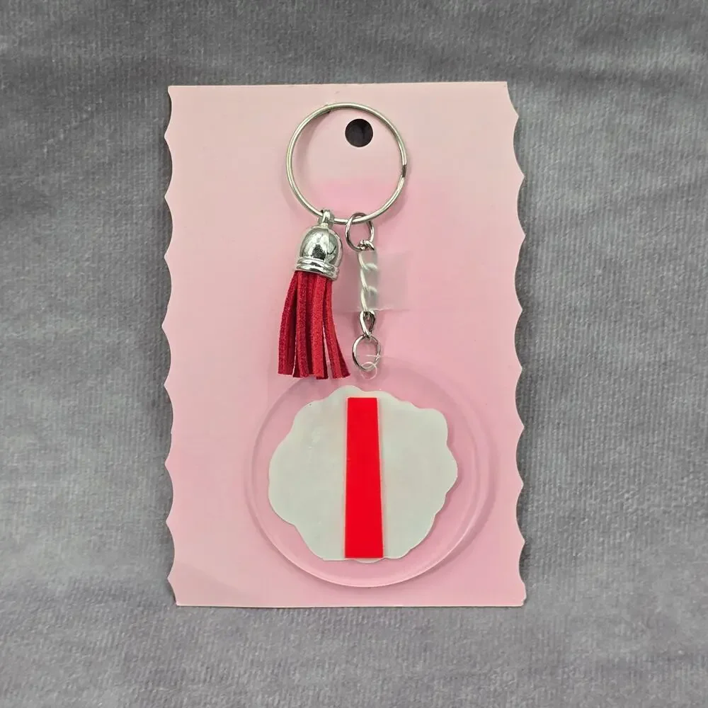 Letter Keychain Clear Silver Circle Handmade Acrylic Tassel Flower‎ I Red